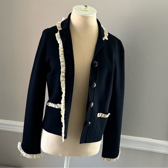J. Crew Sweaters - J.Crew Lady Jacket Cardigan navy wool silk ruffle NWOT